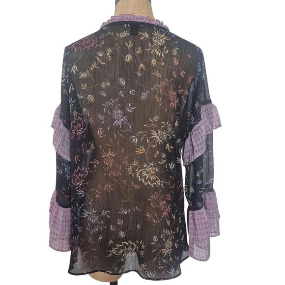 a.n.a A New Approach Black Sheer Floral Blouse Ruffle Sleeves Size Small - Picture 2 of 4
